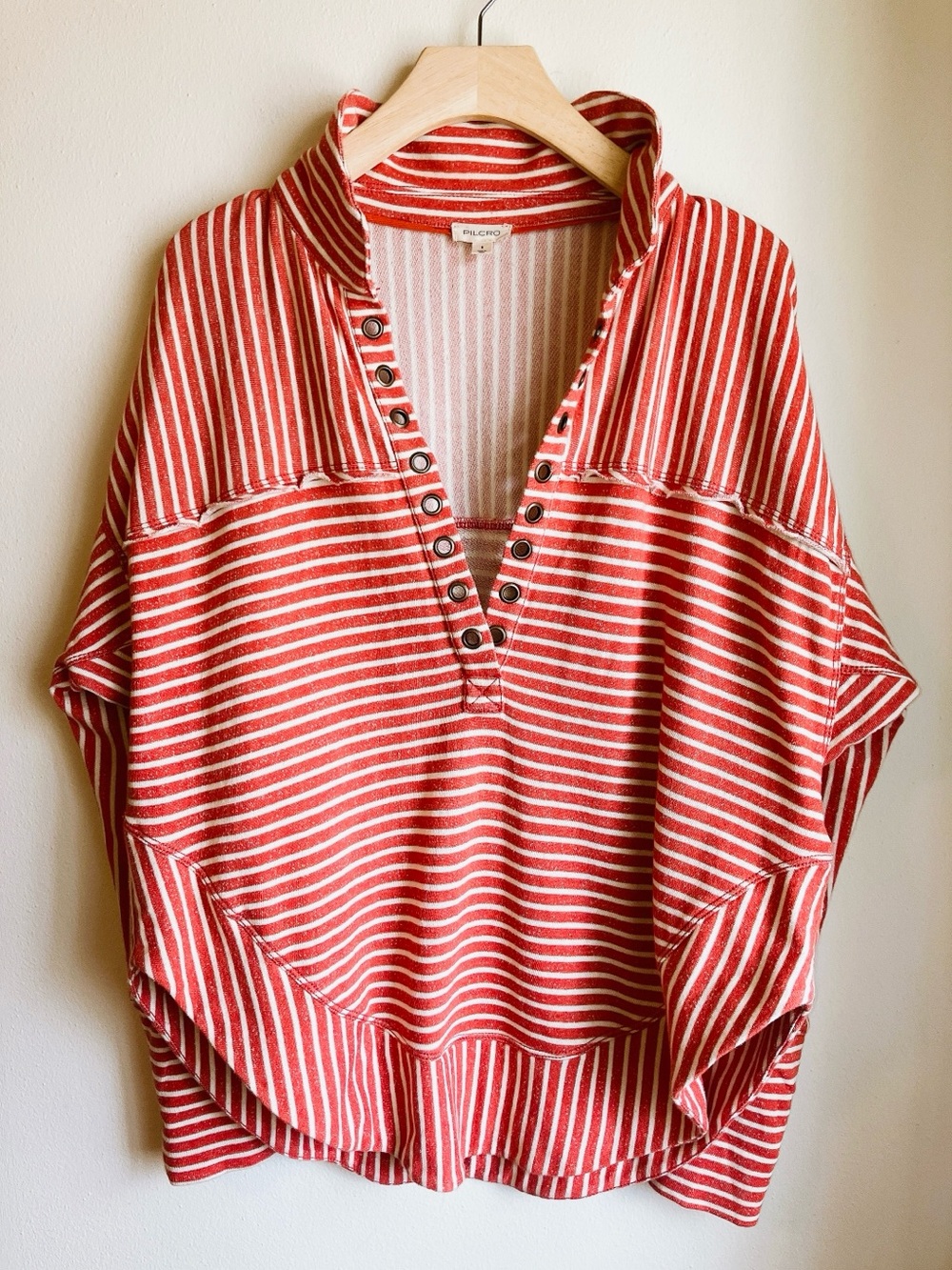 Anthropologie Pullover Quarter V-Neck Shirt Oversized Small Red Stripes Pilcro - Picture 10 of 12